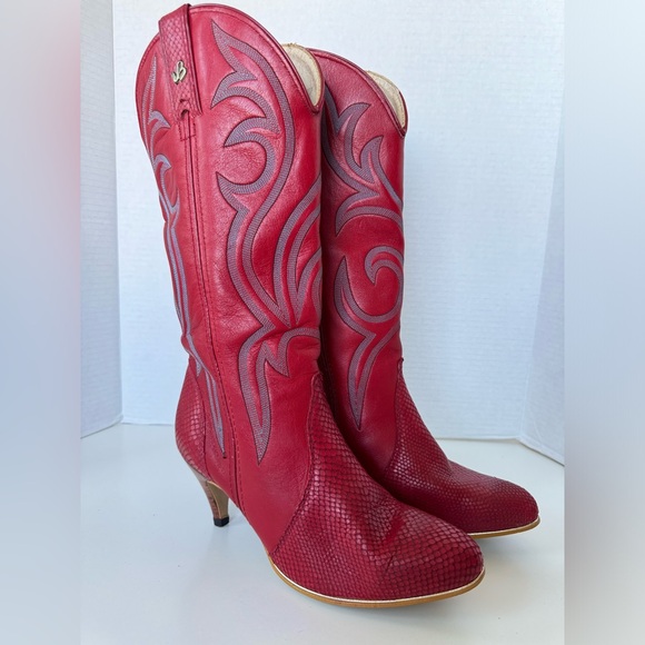 Vintage 80s Jeenz Bootz Red Leather Heel Cowboy Cowgirl Boots Size 7.5 *Flaws - Picture 6 of 13